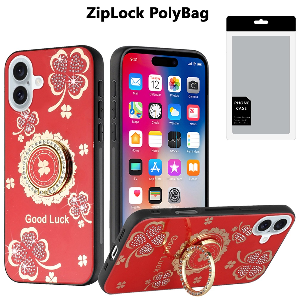 [polybag] for iphone 16 6.1 inch splendid diamond glitter ornaments engraving good luck floral red