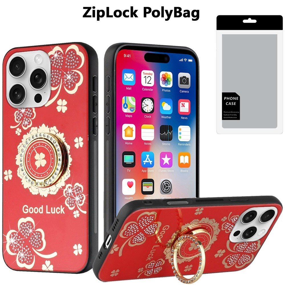 [polybag] for iphone 16 pro 6.3 inch splendid diamond glitter ornaments engraving good luck floral red