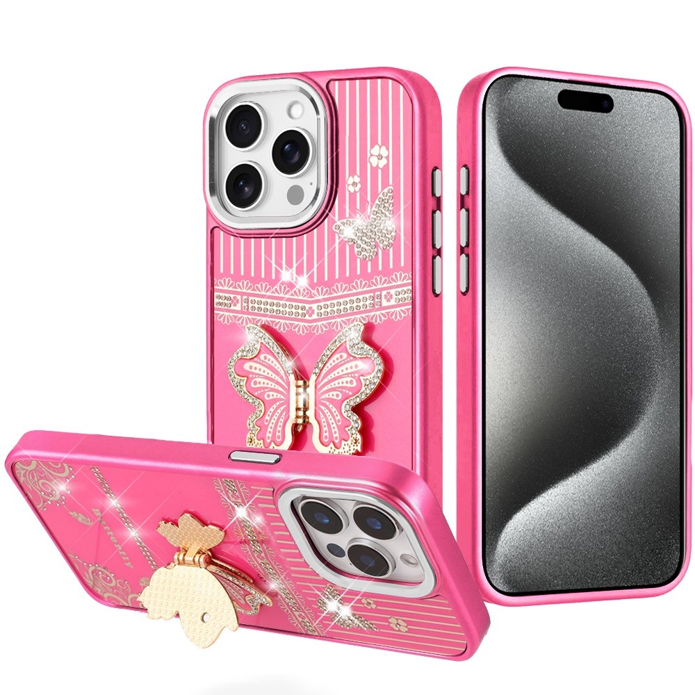 for ip15 pro max splendid glitter butterfly design stand with metallic edges hybrid case hot pink