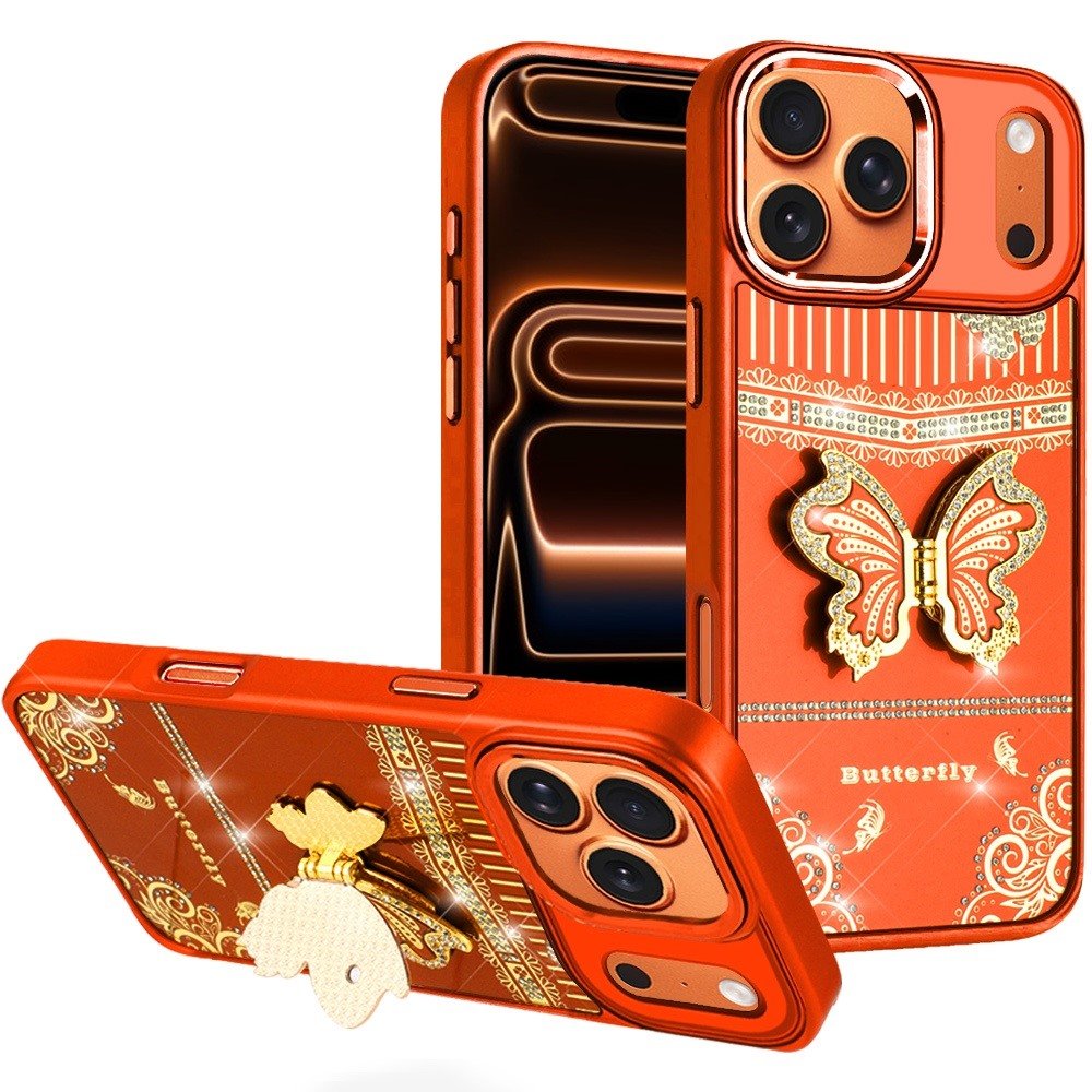 for iphone 17 pro splendid glitter butterfly design stand with metallic edges hybrid case cosmic orange