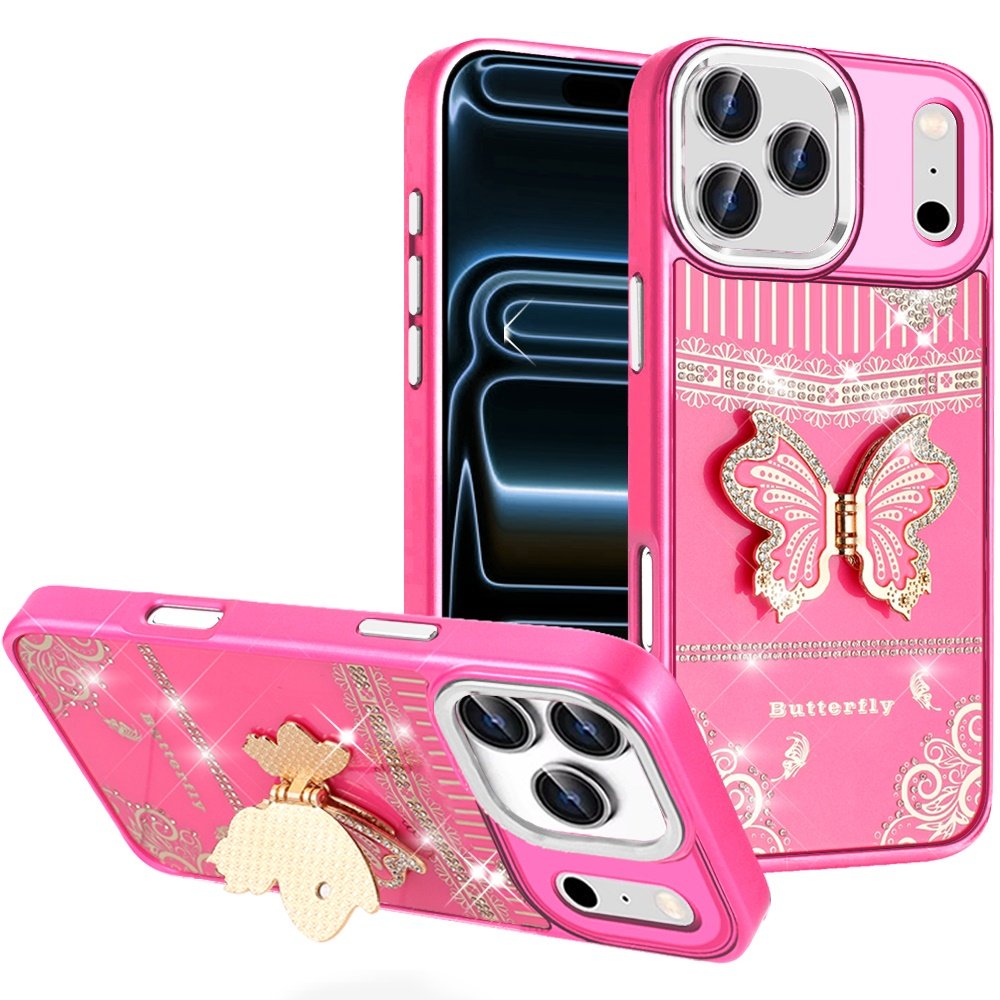 for iphone 17 pro splendid glitter butterfly design stand with metallic edges hybrid case hot pink