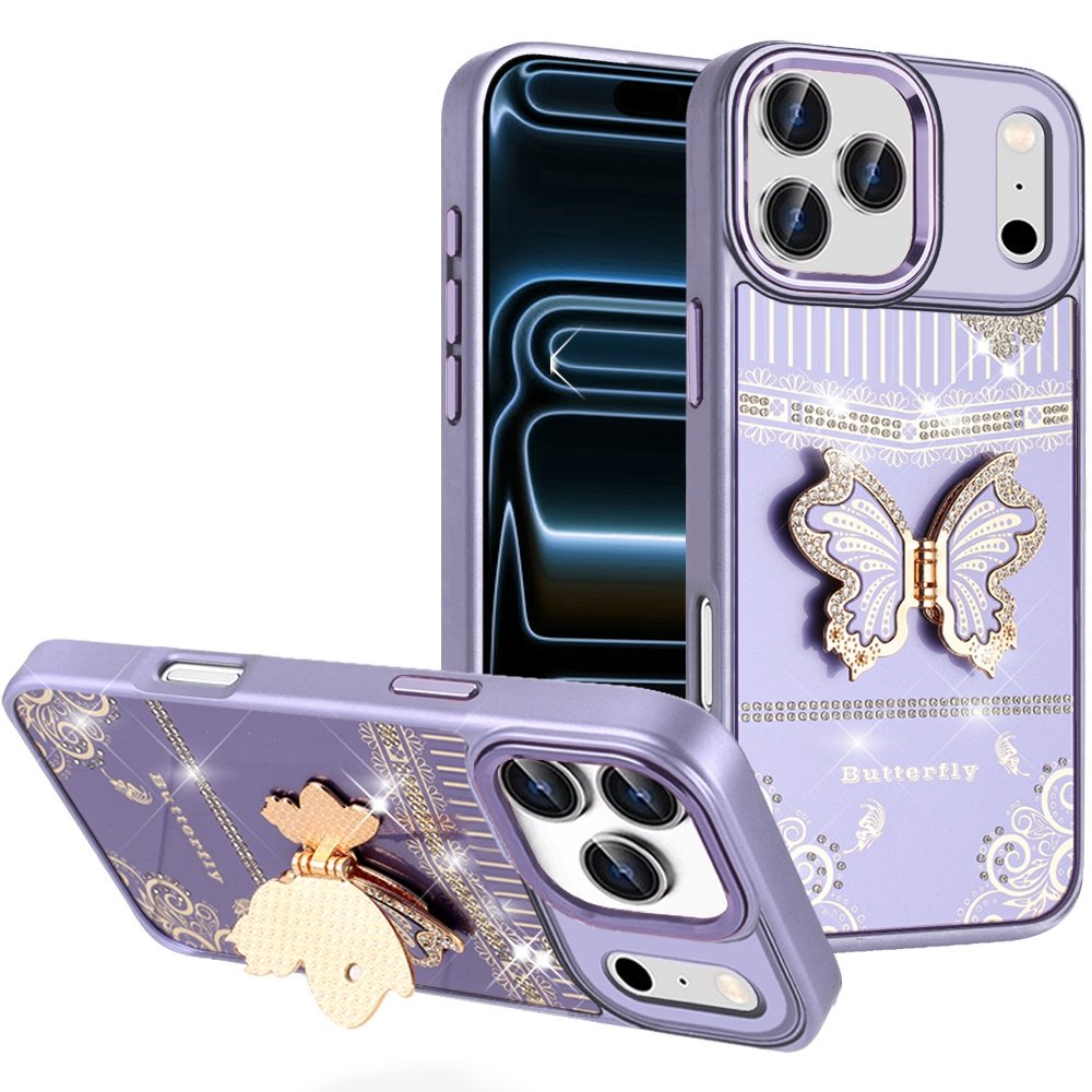 for iphone 17 pro splendid glitter butterfly design stand with metallic edges hybrid case dark purple