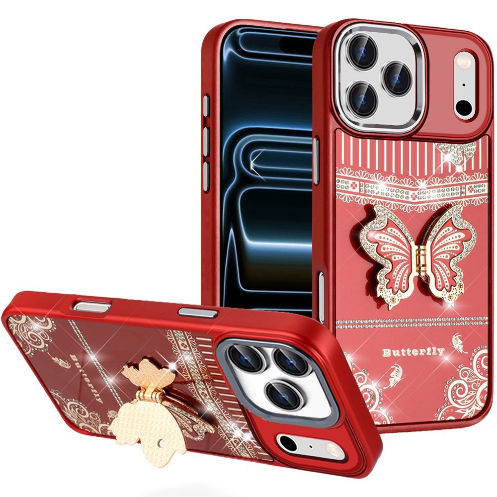 for iphone 17 pro splendid glitter butterfly design stand with metallic edges hybrid case red