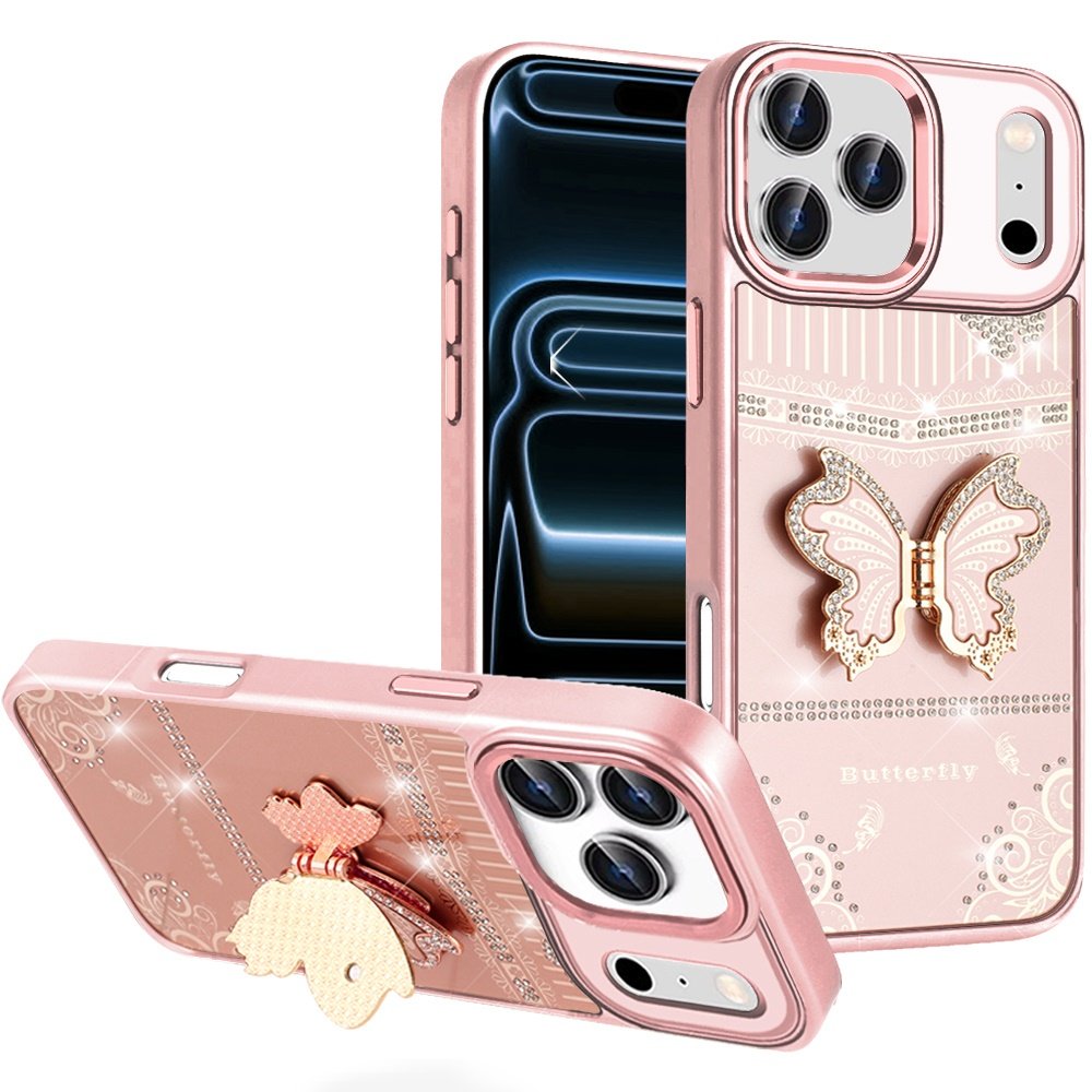 for iphone 17 pro splendid glitter butterfly design stand with metallic edges hybrid case rose gold
