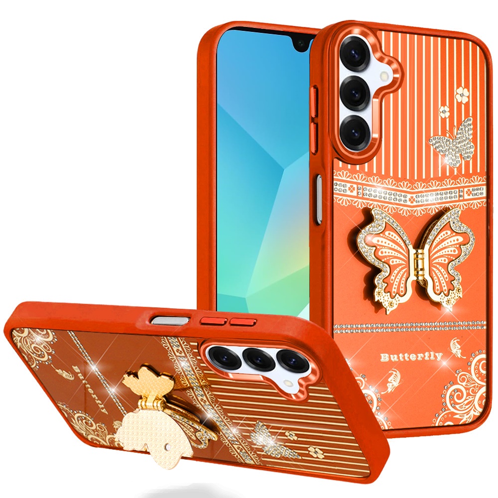 for samsung a16 5g splendid glitter butterfly design stand with metallic edges hybrid case cosmic orange