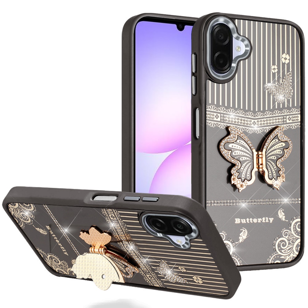 for samsung galaxy a07 splendid glitter butterfly design stand with metallic edges hybrid case black