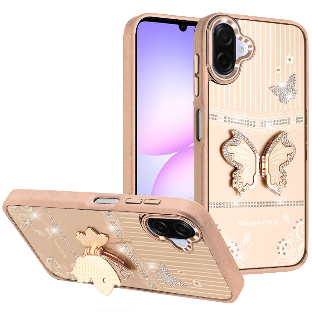 for samsung galaxy a07 splendid glitter butterfly design stand with metallic edges hybrid case gold