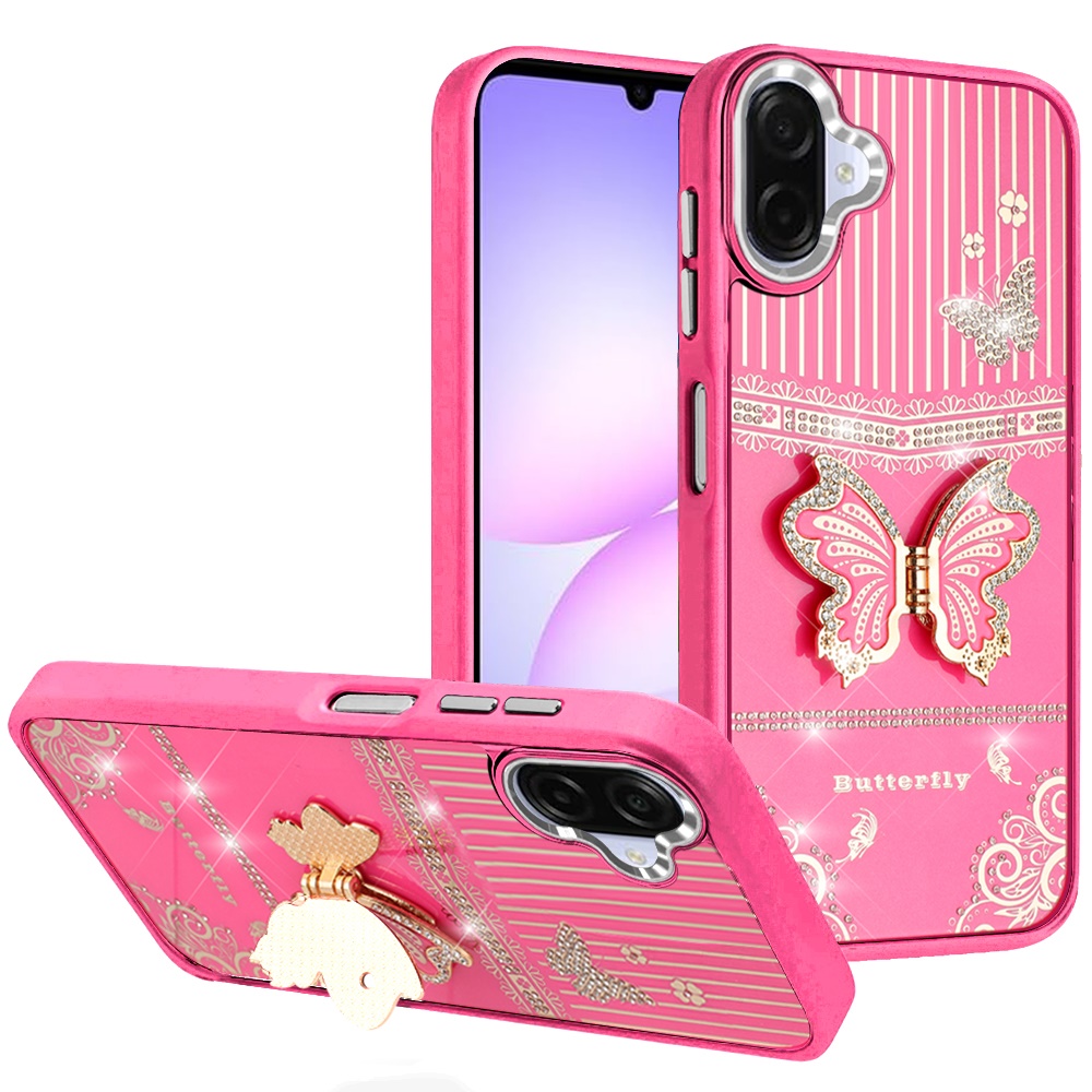 for samsung galaxy a07 splendid glitter butterfly design stand with metallic edges hybrid case hot pink