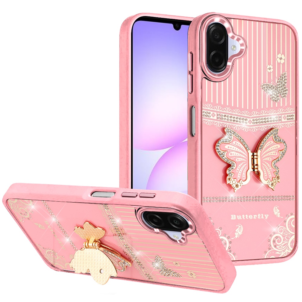 for samsung galaxy a07 splendid glitter butterfly design stand with metallic edges hybrid case light pink