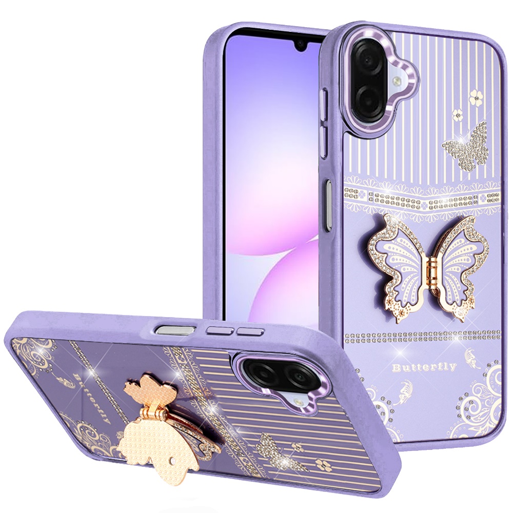 for samsung galaxy a07 splendid glitter butterfly design stand with metallic edges hybrid case dark purple