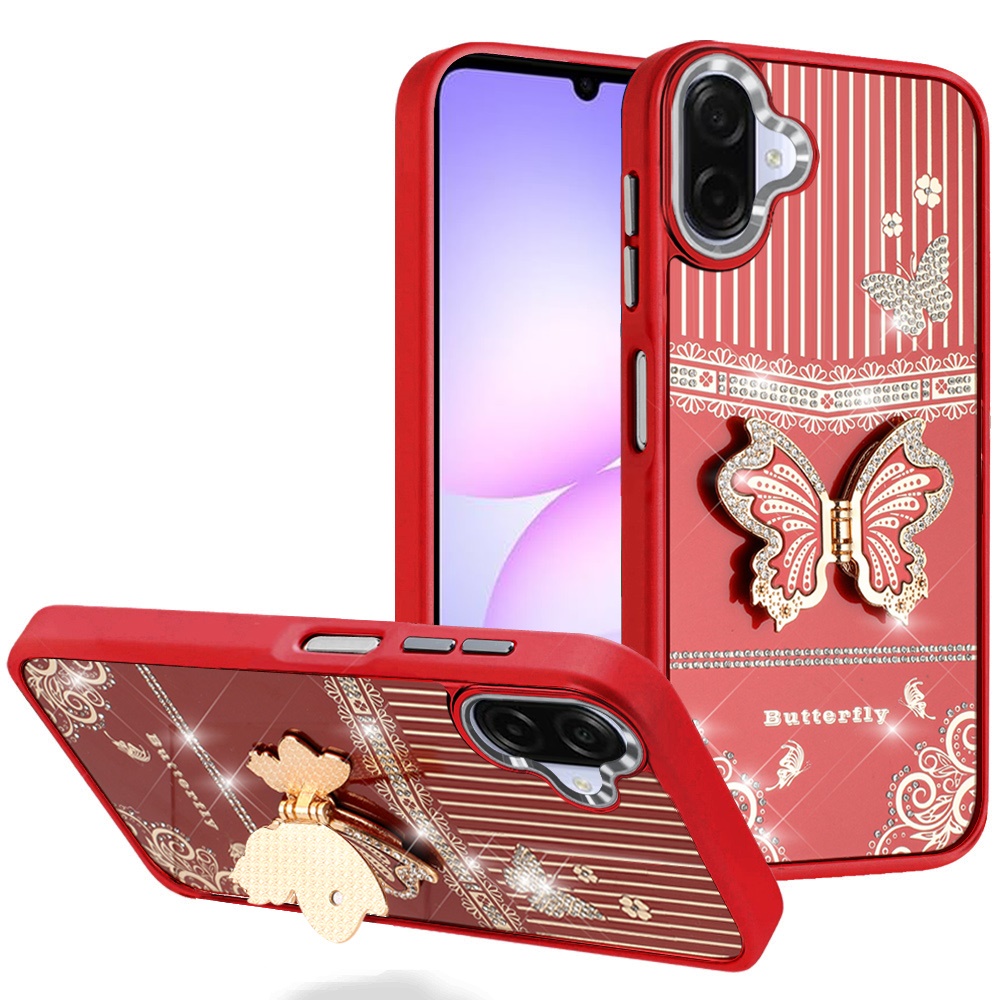 for samsung galaxy a07 splendid glitter butterfly design stand with metallic edges hybrid case red