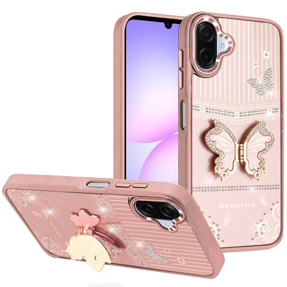 for samsung galaxy a07 splendid glitter butterfly design stand with metallic edges hybrid case rose gold