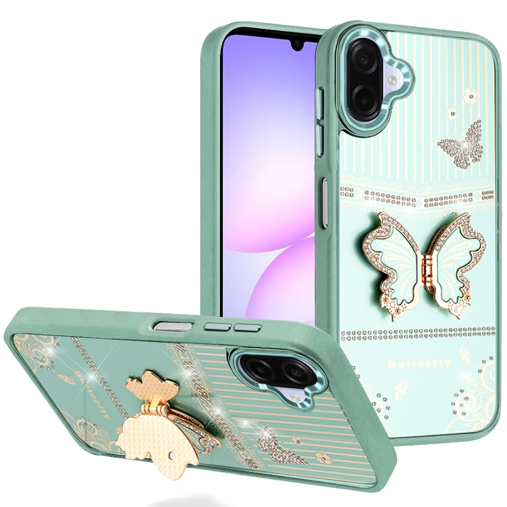 for samsung galaxy a07 splendid glitter butterfly design stand with metallic edges hybrid case teal