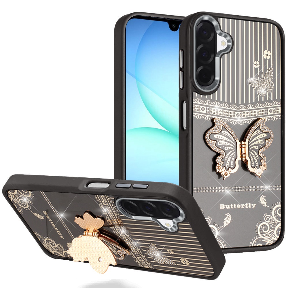for samsung a17 5g splendid glitter butterfly design stand with metallic edges hybrid case black
