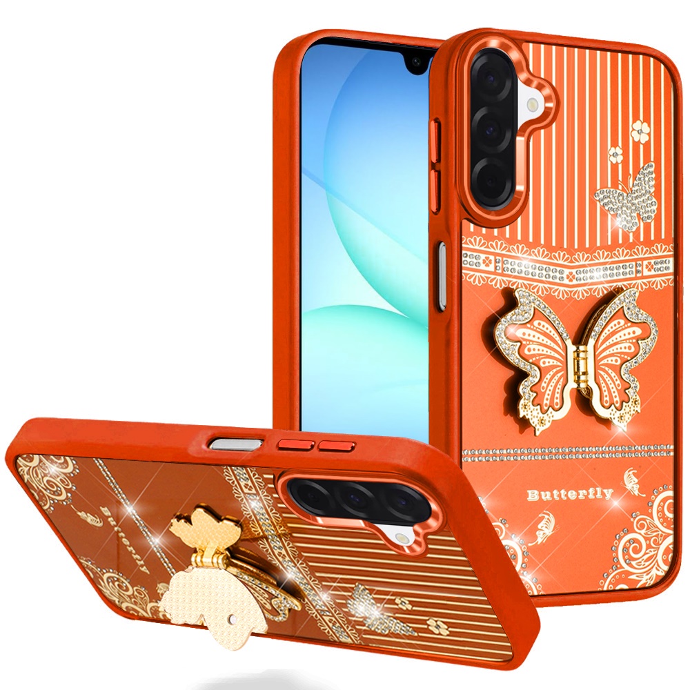 for samsung a17 5g splendid glitter butterfly design stand with metallic edges hybrid case cosmic orange