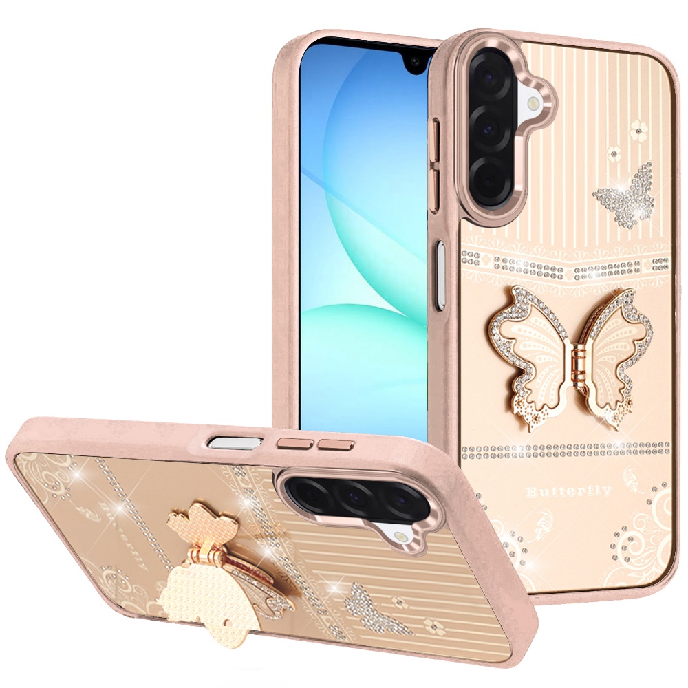 for samsung a17 5g splendid glitter butterfly design stand with metallic edges hybrid case gold