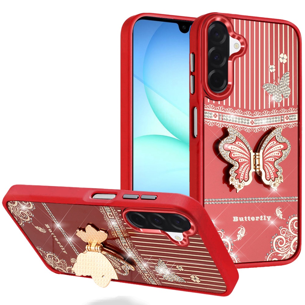 for samsung a17 5g splendid glitter butterfly design stand with metallic edges hybrid case red