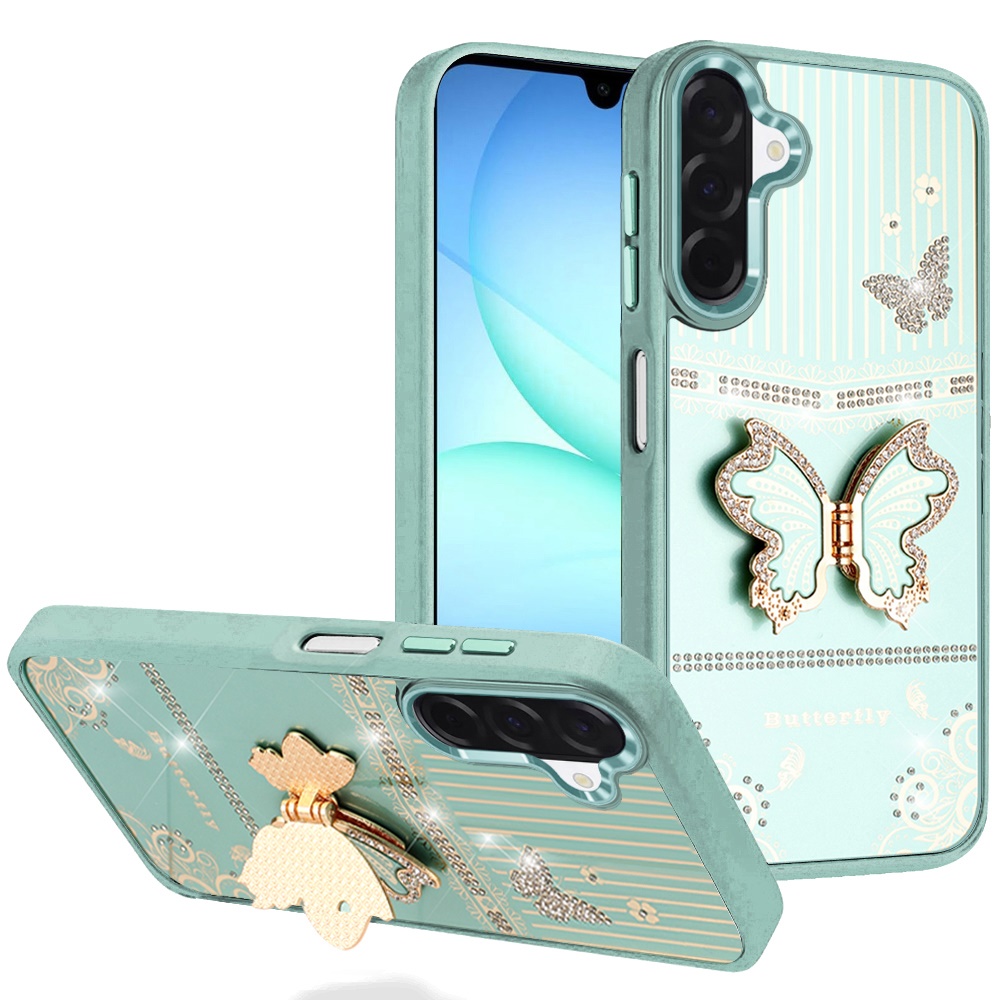 for samsung a17 5g splendid glitter butterfly design stand with metallic edges hybrid case teal