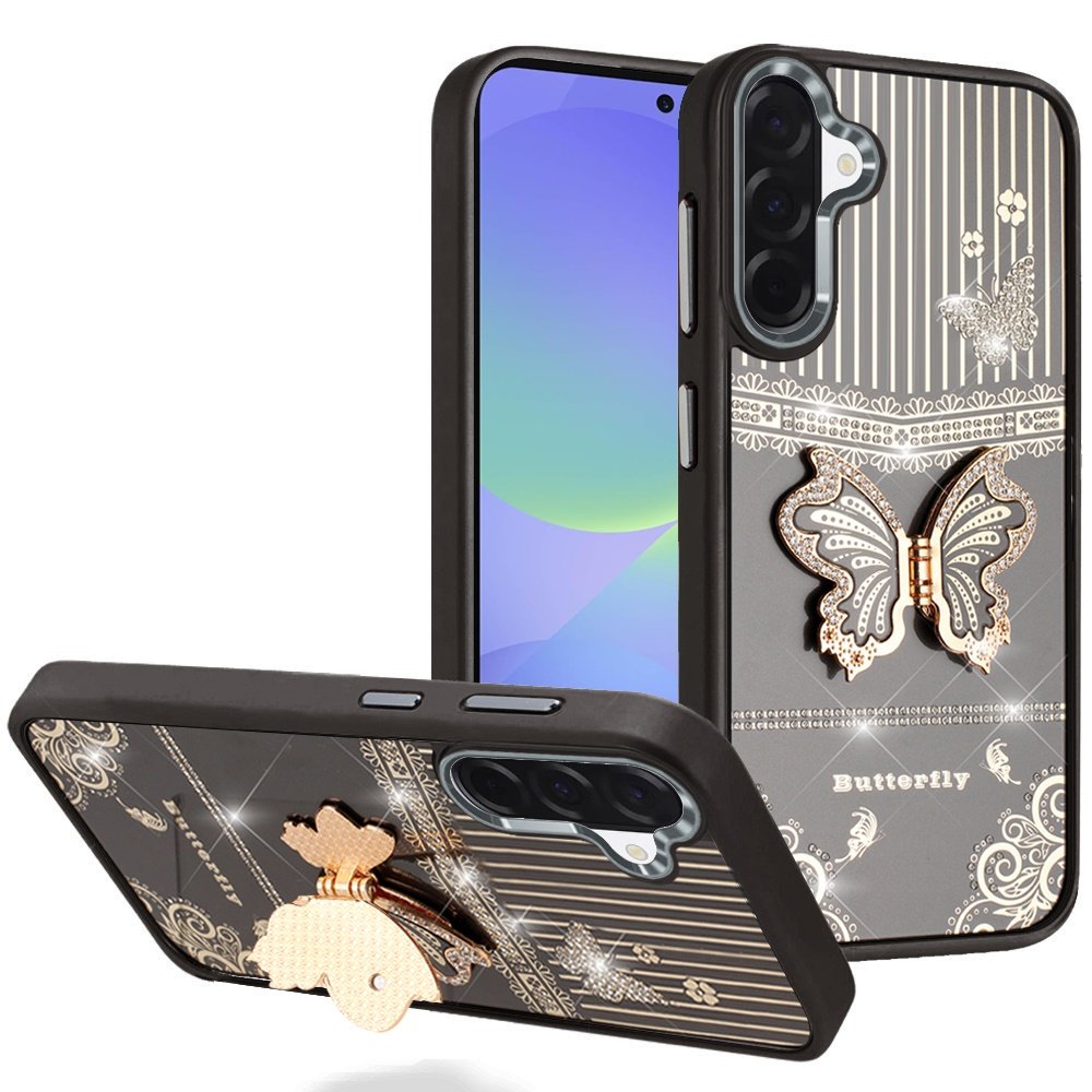 for samsung galaxy a37 splendid glitter butterfly design stand with metallic edges hybrid case black