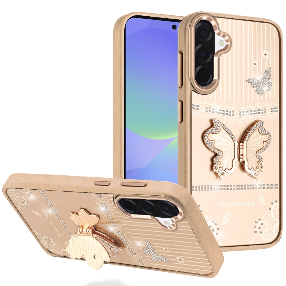 for samsung galaxy a37 splendid glitter butterfly design stand with metallic edges hybrid case gold