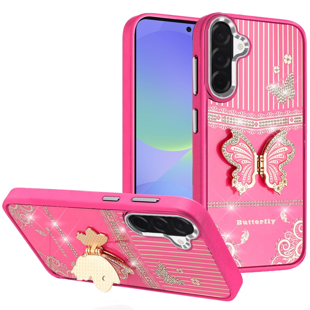 for samsung galaxy a37 splendid glitter butterfly design stand with metallic edges hybrid case hot pink