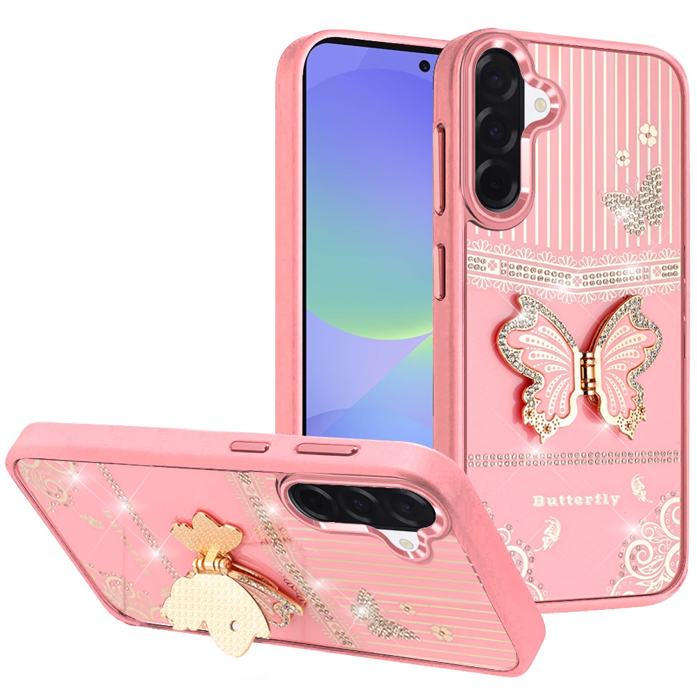 for samsung galaxy a37 splendid glitter butterfly design stand with metallic edges hybrid case light pink