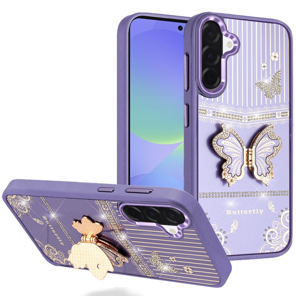 for samsung galaxy a37 splendid glitter butterfly design stand with metallic edges hybrid case dark purple