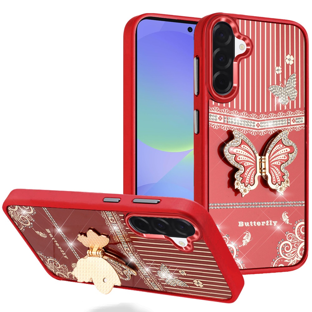 for samsung galaxy a37 splendid glitter butterfly design stand with metallic edges hybrid case red