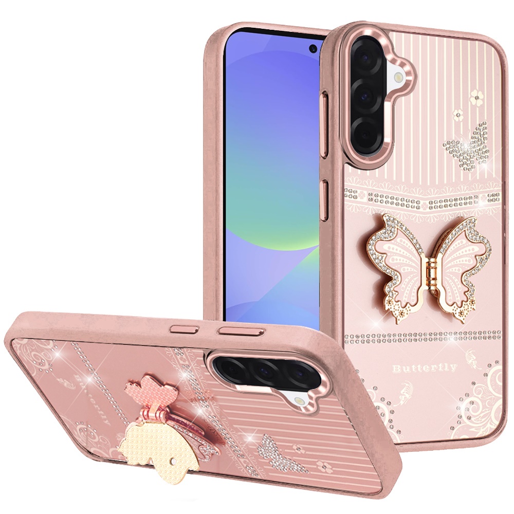 for samsung galaxy a37 splendid glitter butterfly design stand with metallic edges hybrid case rose gold