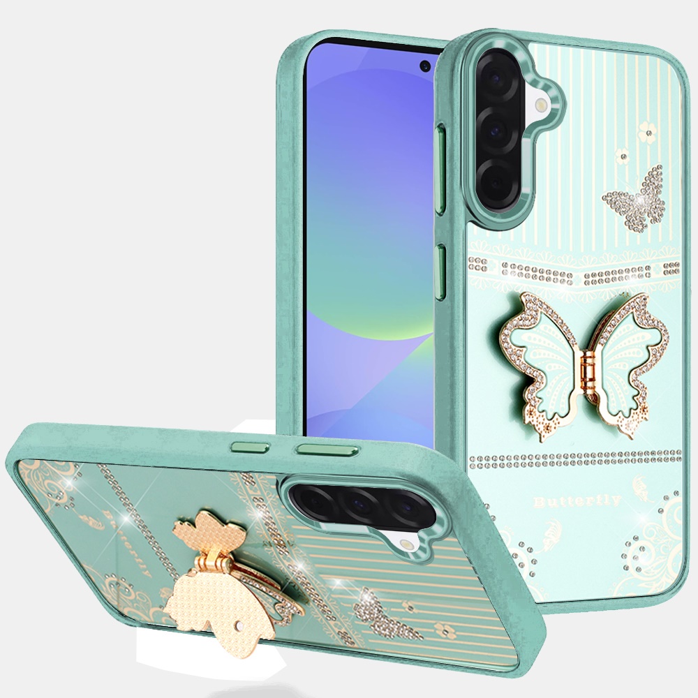 for samsung galaxy a37 splendid glitter butterfly design stand with metallic edges hybrid case teal