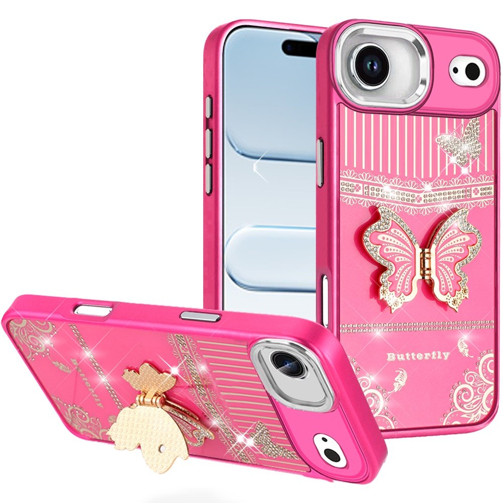 for iphone 17 air splendid glitter butterfly design stand with metallic edges hybrid case hot pink