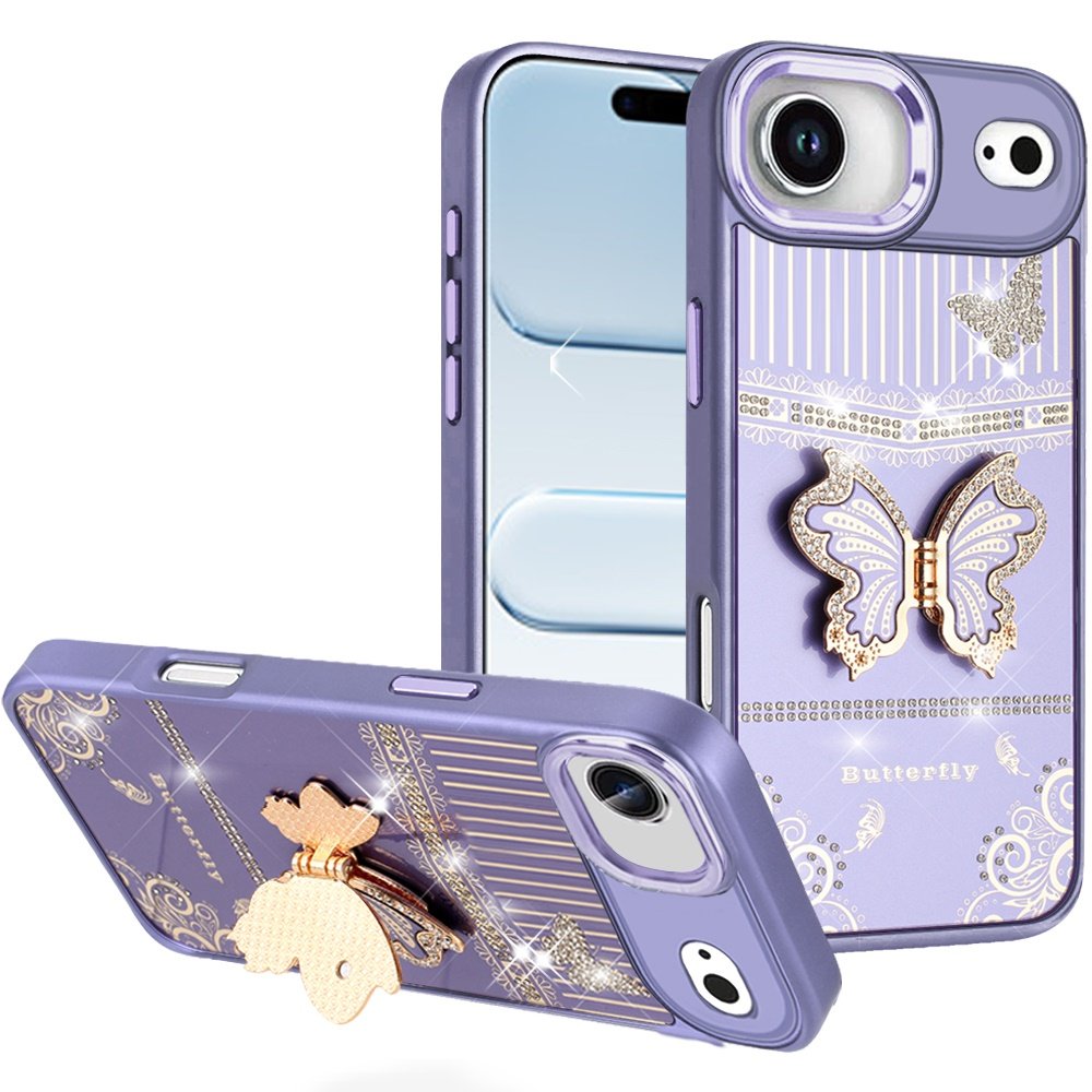 for iphone 17 air splendid glitter butterfly design stand with metallic edges hybrid case dark purple
