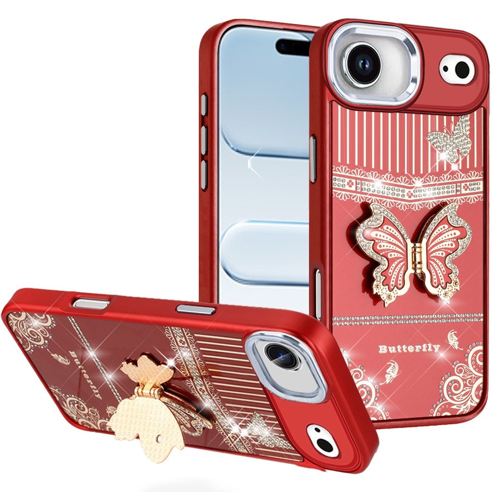for iphone 17 air splendid glitter butterfly design stand with metallic edges hybrid case red