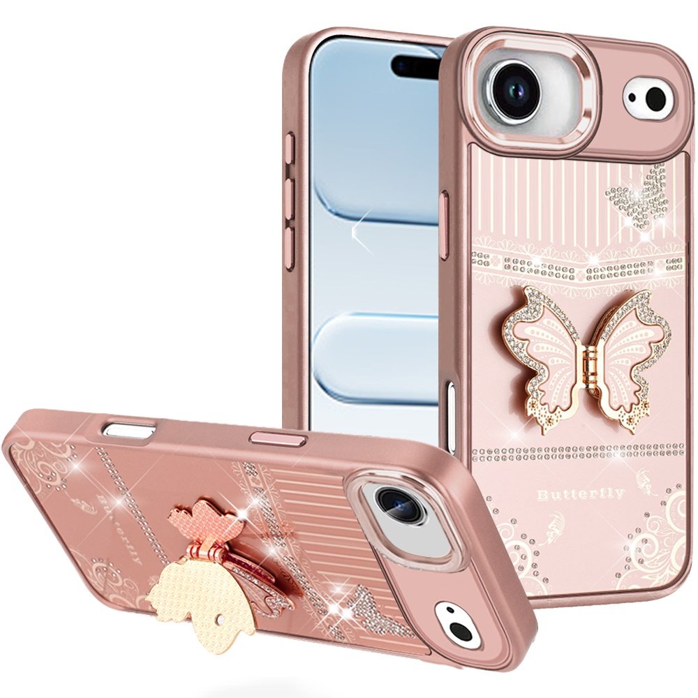 for iphone 17 air splendid glitter butterfly design stand with metallic edges hybrid case rose gold