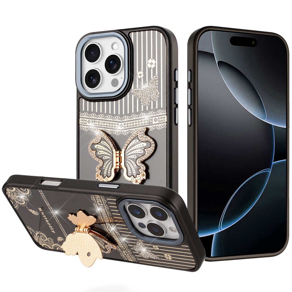 for iphone 16 pro max 6.9 splendid glitter butterfly design stand with metallic edges hybrid case black