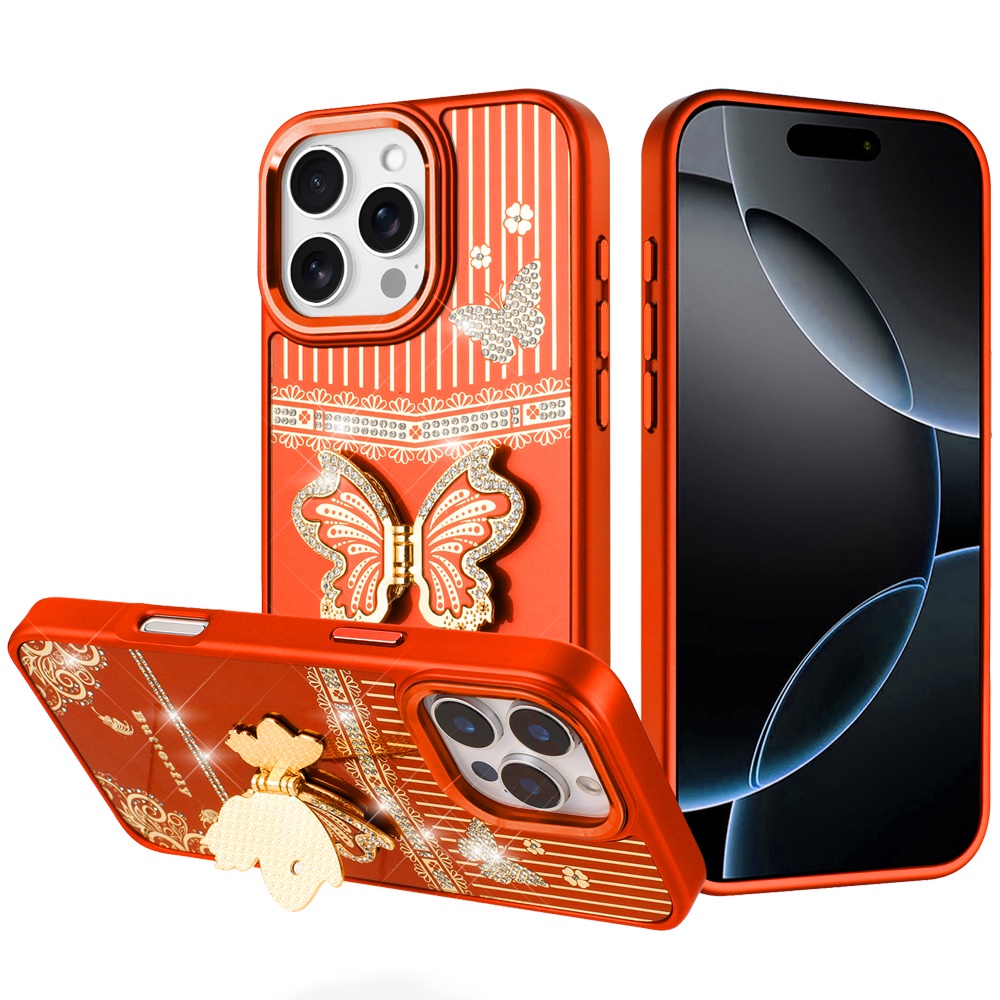 for iphone 16 pro max 6.9 inch splendid glitter butterfly design stand with metallic edges hybrid case cosmic orange