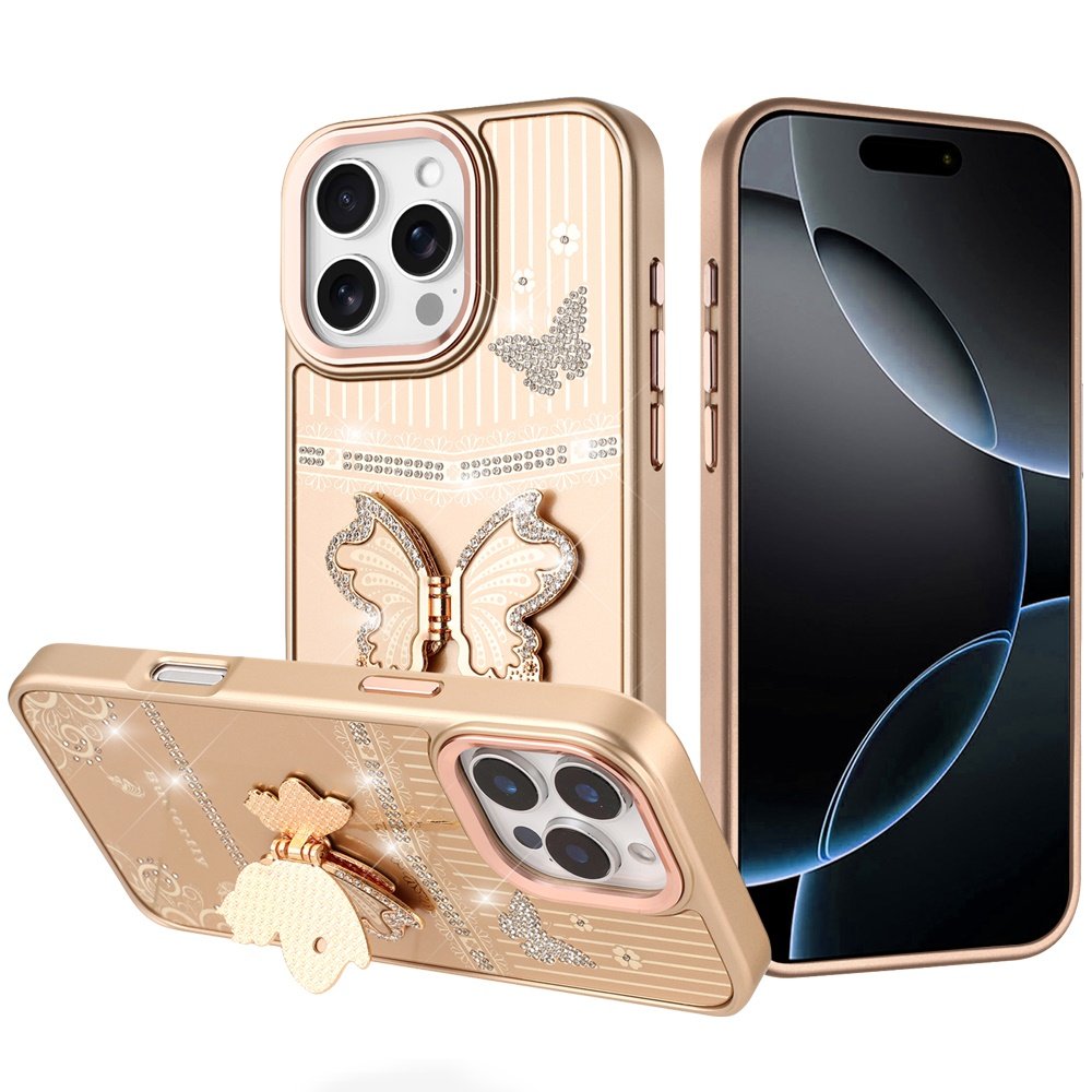 for iphone 16 pro max 6.9 splendid glitter butterfly design stand with metallic edges hybrid case gold