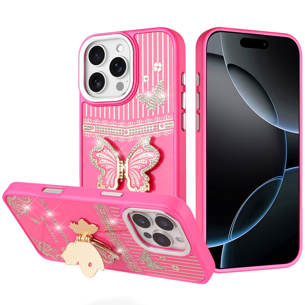for iphone 16 pro max 6.9 splendid glitter butterfly design stand with metallic edges hybrid case hot pink