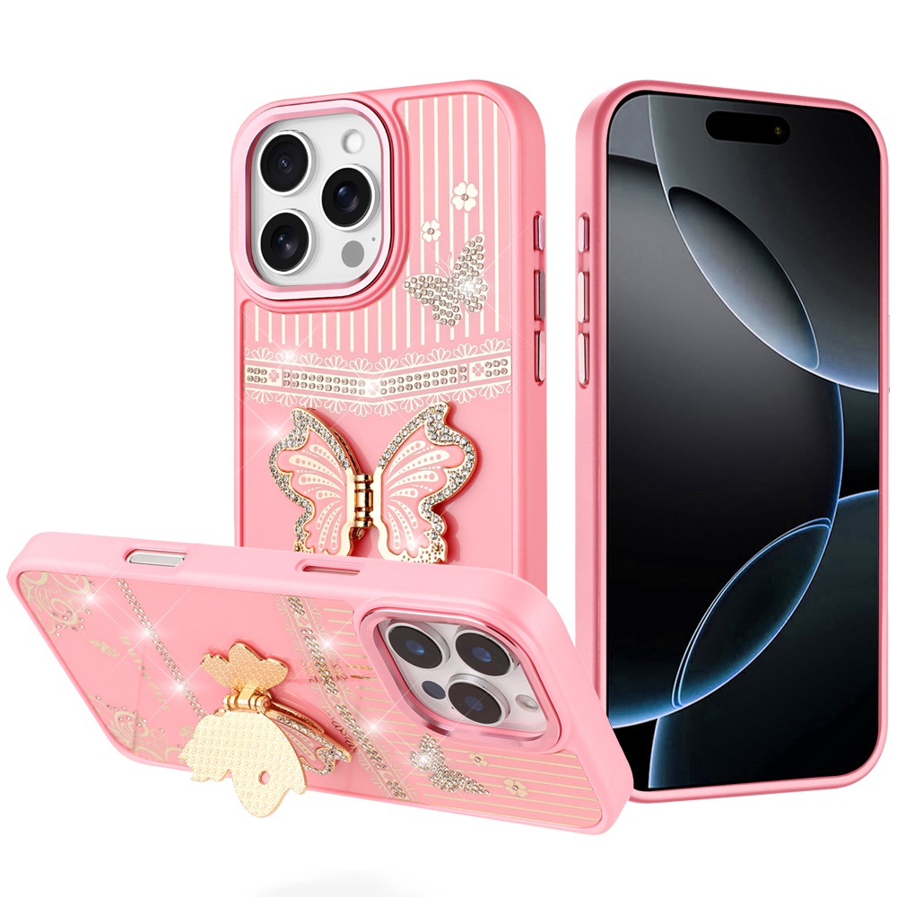 for iphone 16 pro max 6.9 splendid glitter butterfly design stand with metallic edges hybrid case light pink