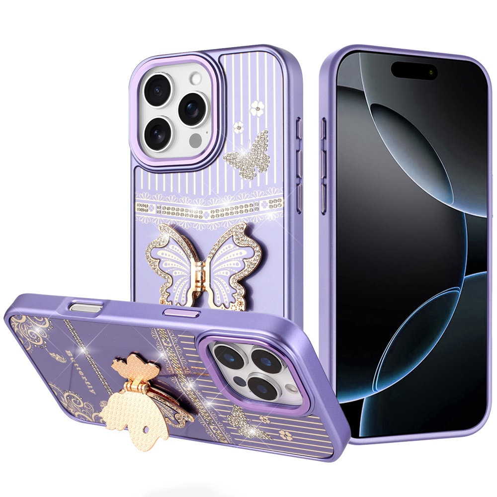 for iphone 16 pro max 6.9 splendid glitter butterfly design stand with metallic edges hybrid case dark purple
