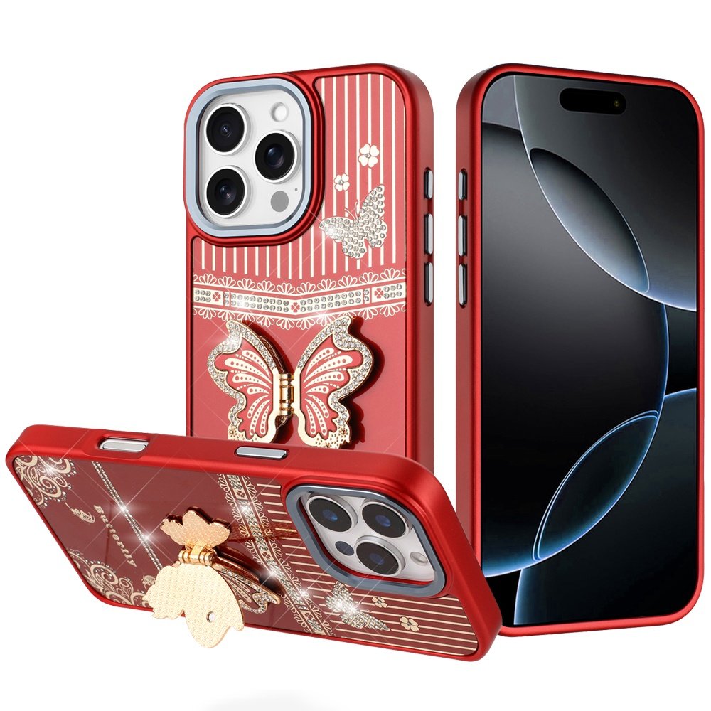 for iphone 16 pro max 6.9 splendid glitter butterfly design stand with metallic edges hybrid case red