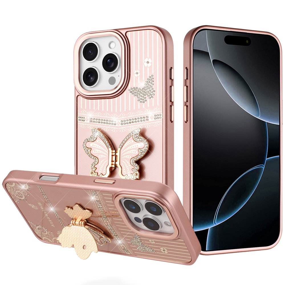 for iphone 16 pro max 6.9 splendid glitter butterfly design stand with metallic edges hybrid case rose gold