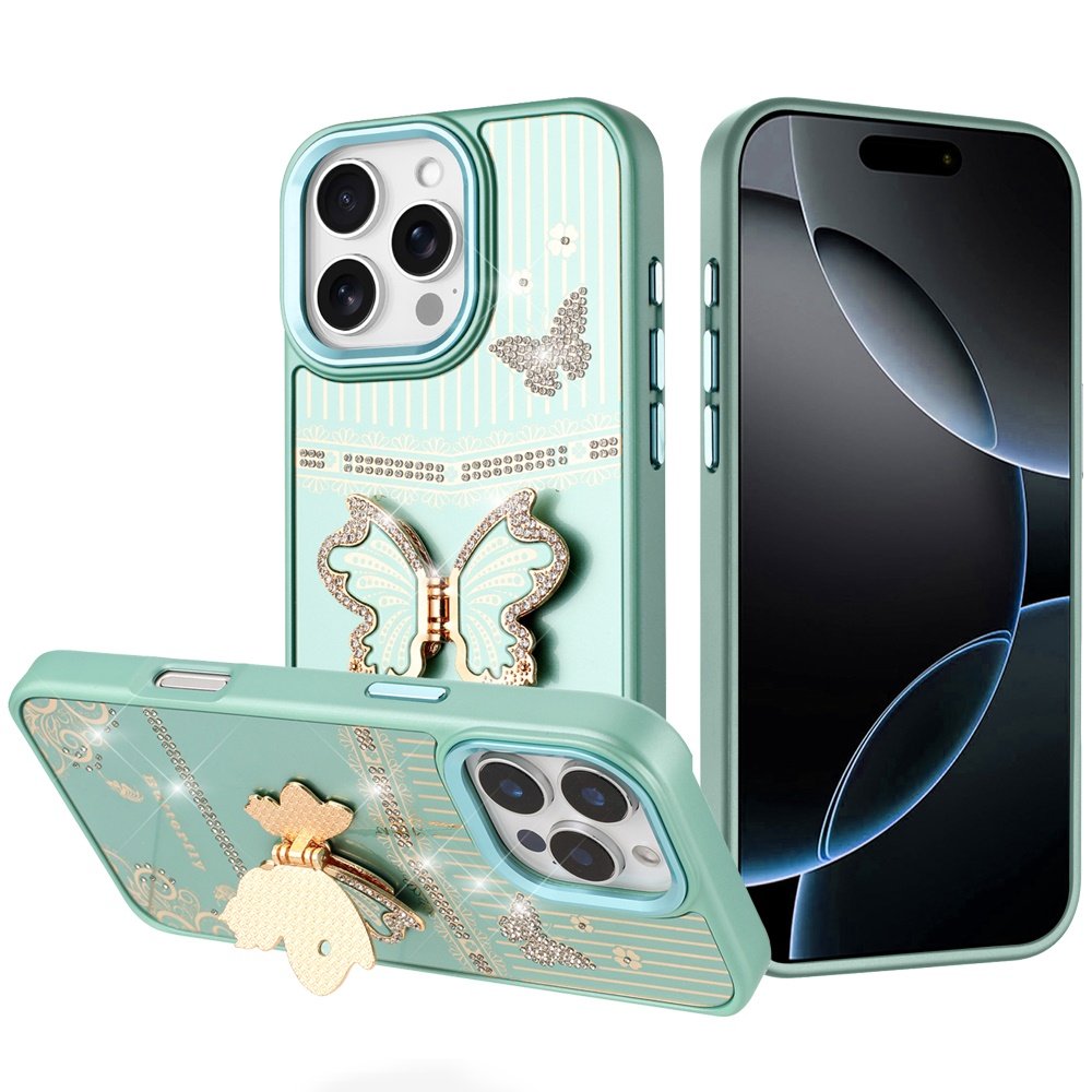 for iphone 16 pro max 6.9 splendid glitter butterfly design stand with metallic edges hybrid case teal