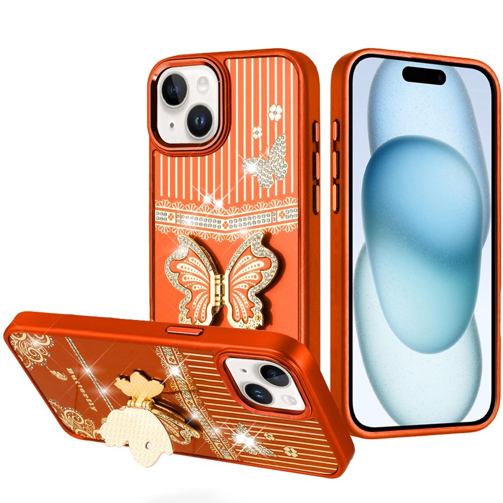 for iphone 15 plus/iphone 14 plus splendid glitter butterfly design stand with metallic edges hybrid case cosmic orange