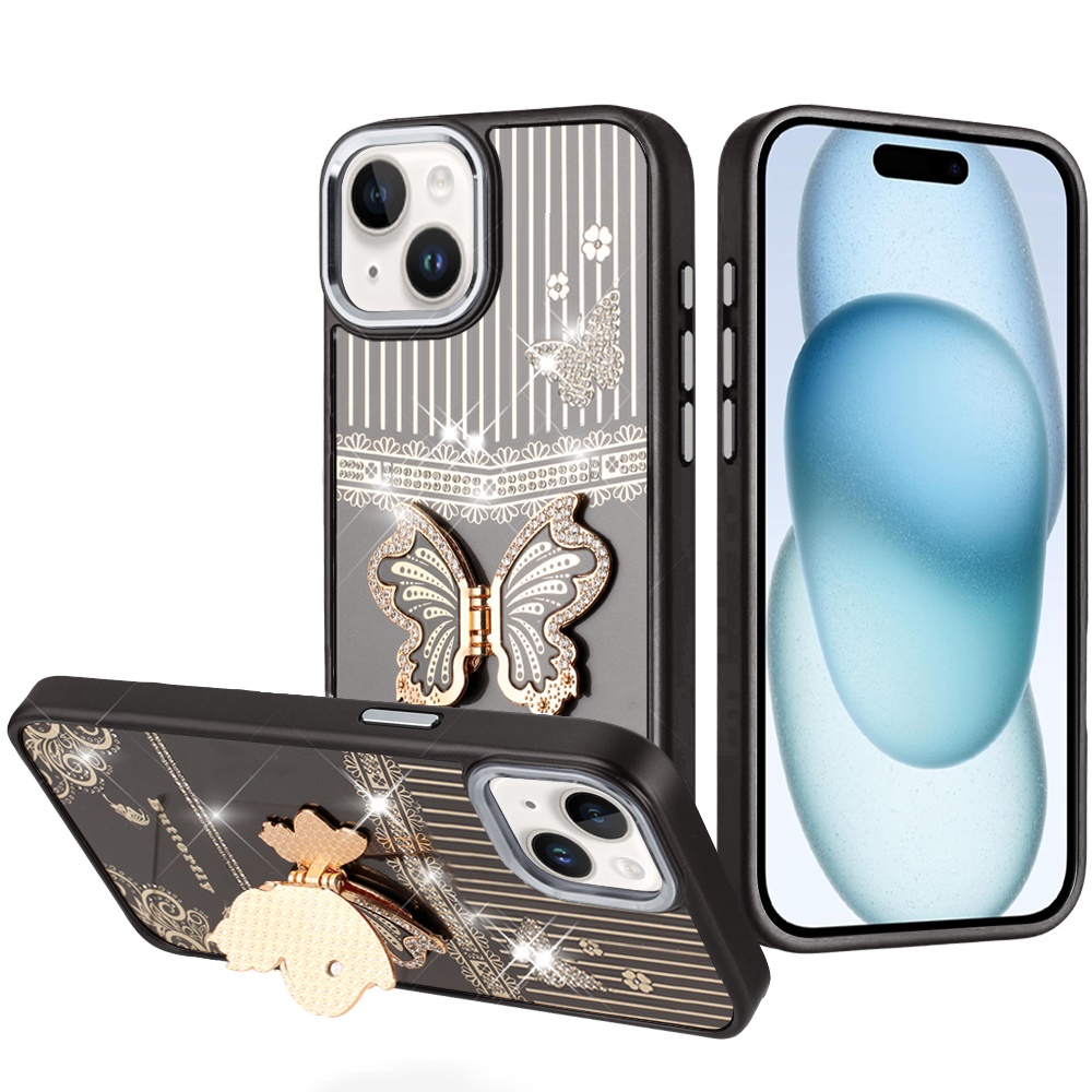 for iphone 15 splendid glitter butterfly design stand with metallic edges hybrid case black