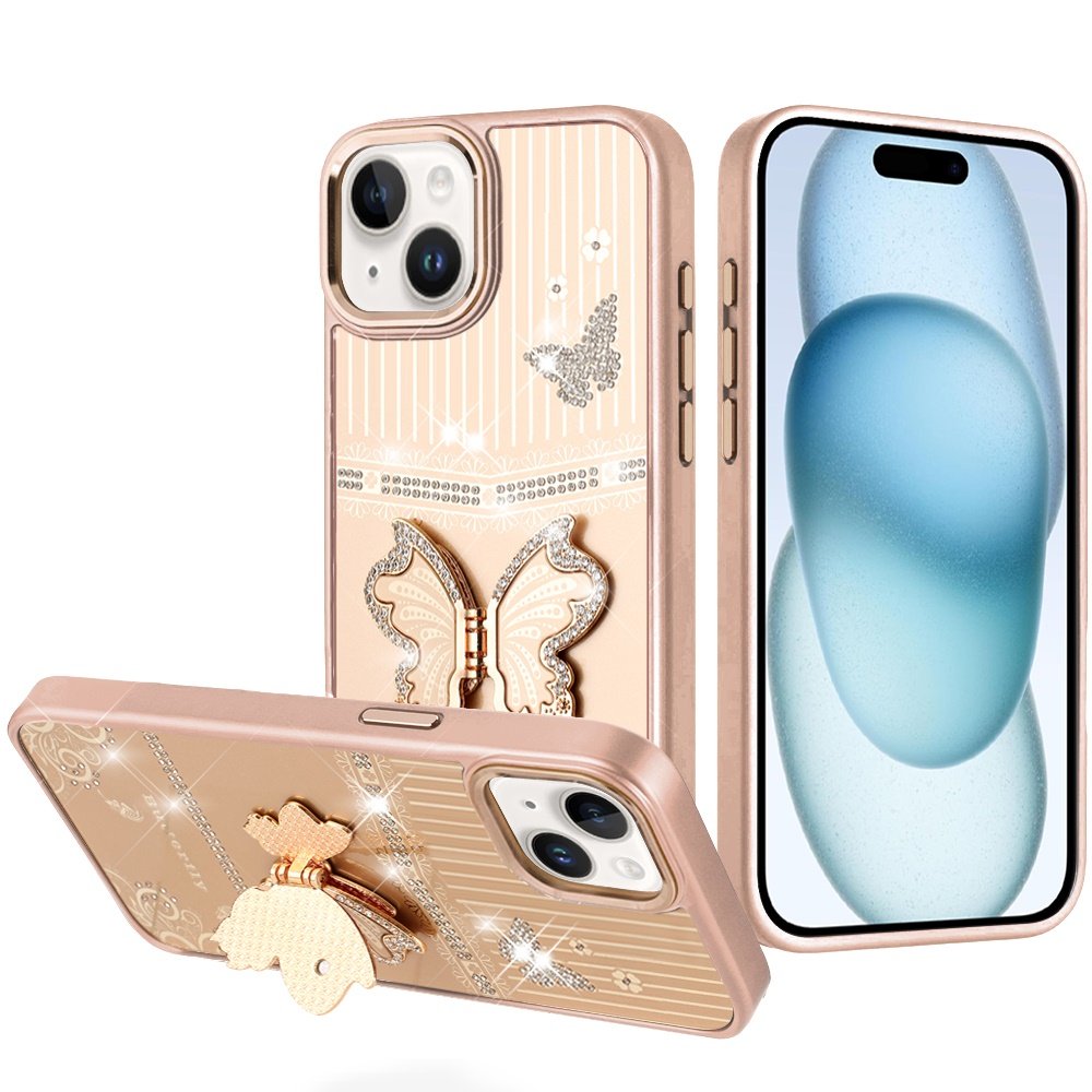 for iphone 15 splendid glitter butterfly design stand with metallic edges hybrid case gold