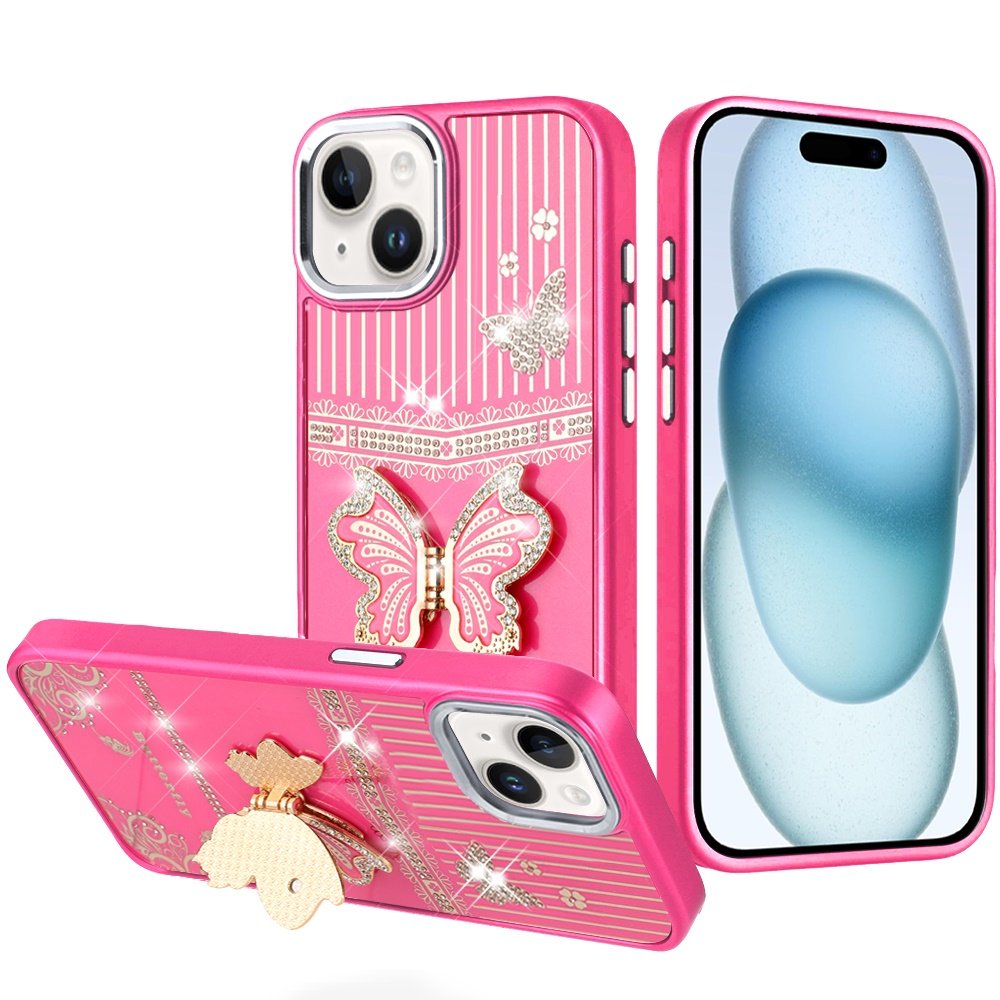 for iphone 15 splendid glitter butterfly design stand with metallic edges hybrid case hot pink