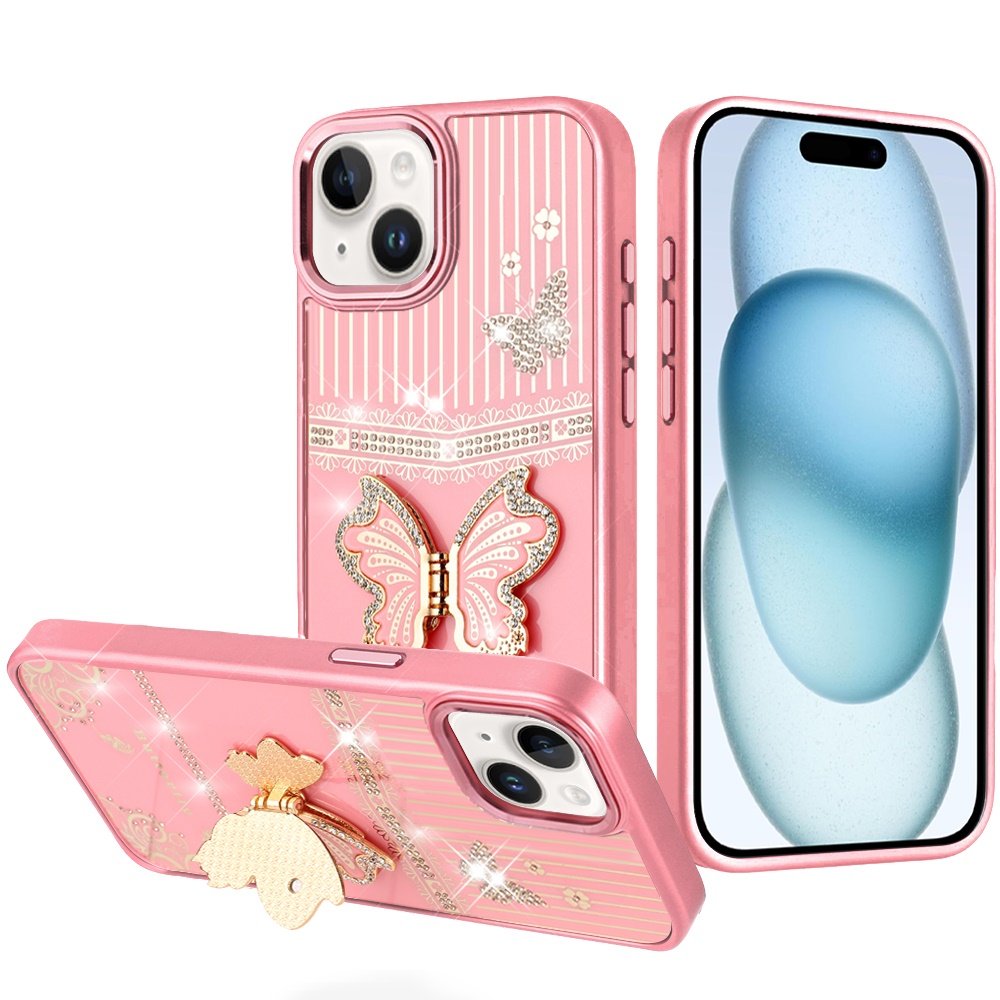 for iphone 15 splendid glitter butterfly design stand with metallic edges hybrid case light pink