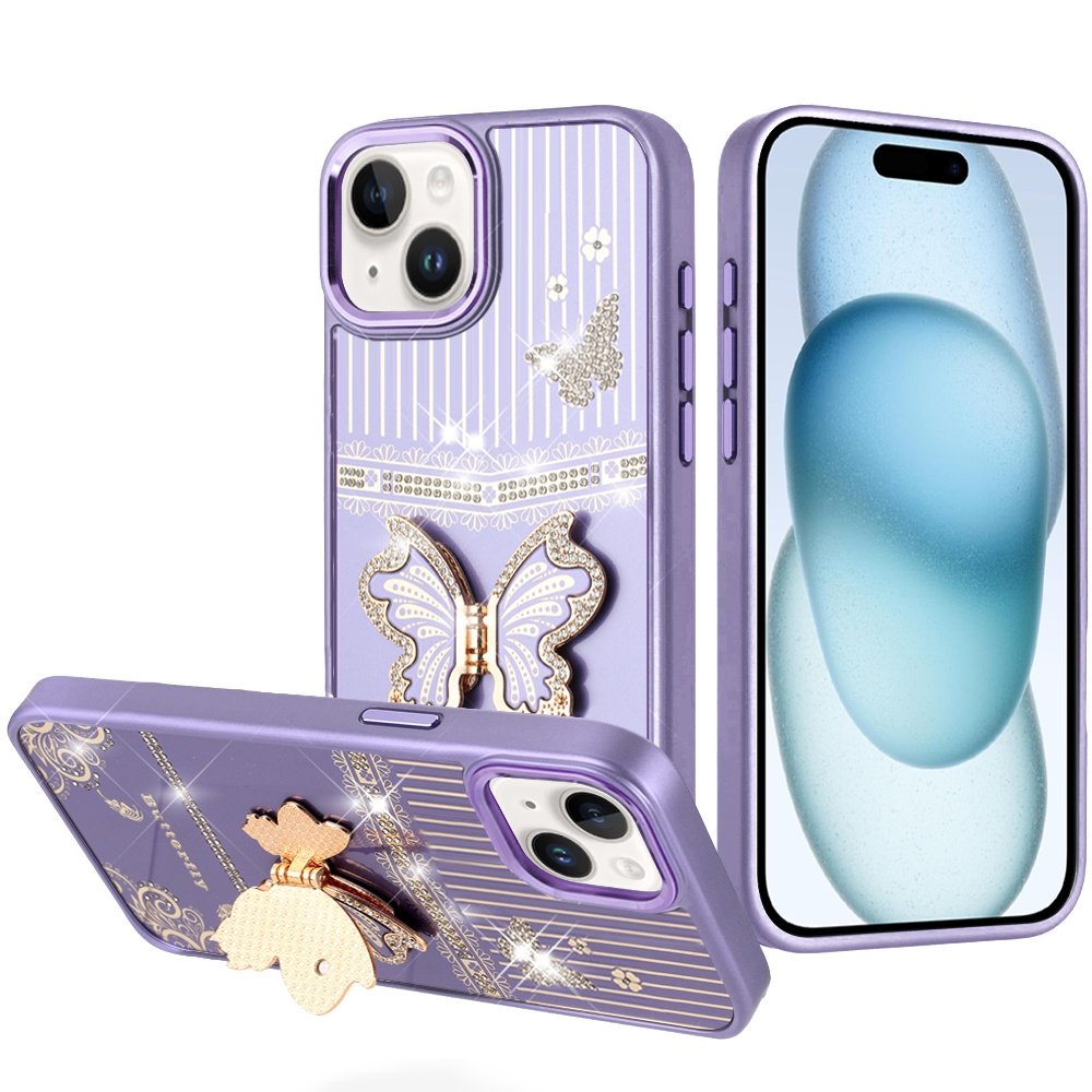 for iphone 15 splendid glitter butterfly design stand with metallic edges hybrid case dark purple