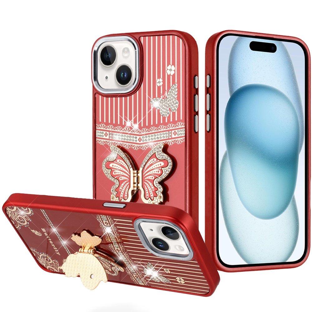 for iphone 15 splendid glitter butterfly design stand with metallic edges hybrid case red
